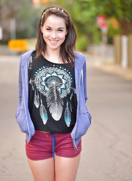 Foxy american brunette teen Emily Grey in sexy shorts revealing tiny tits and hot ass outdoor